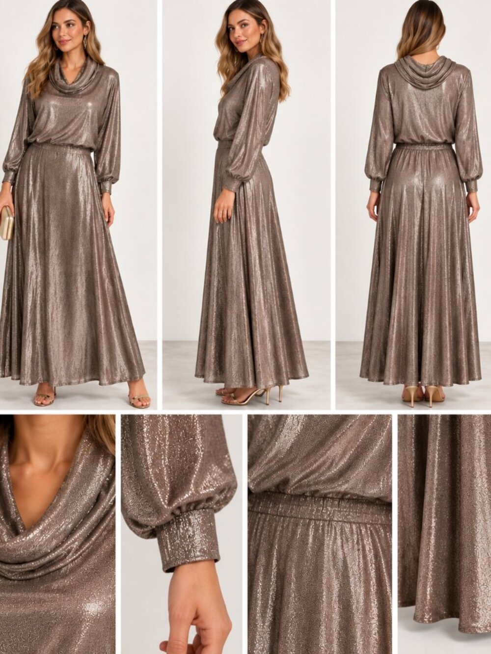 Metallic Shimmer 2 Piece Set Cowl Neck Blouse & Flowy Maxi Skirt Mob Wife
